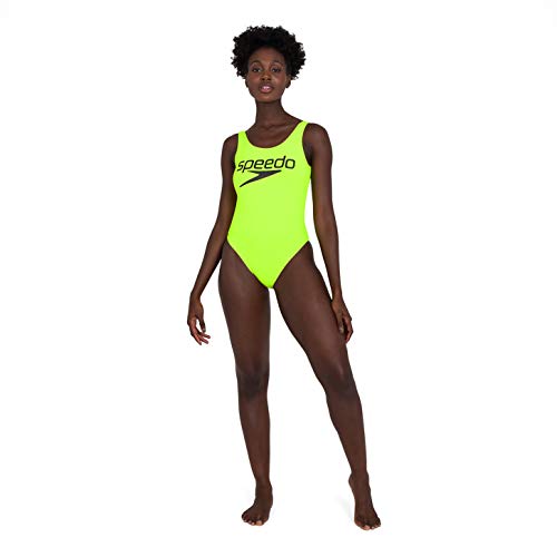 Speedo Logo Deep U-Back 1 Piece Swimsuit, Mujer, Fluo Yellow/Black, 30 (UK 8)