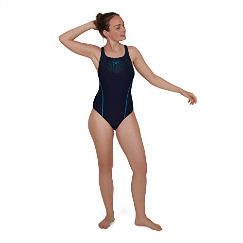 Speedo Medalist con Inserto Técnico Bañador, Mujer, Azul Marino/Agua auténtico, 36 (ES 42)