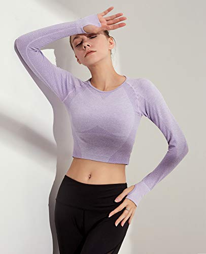 STARBILD - Camiseta de Manga Larga para Mujer con puño y Cuello Redondo, Transpirable, cómoda, para Yoga, Fitness, Gimnasio, musculación Morado M