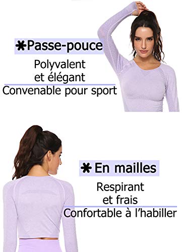 STARBILD - Camiseta de Manga Larga para Mujer con puño y Cuello Redondo, Transpirable, cómoda, para Yoga, Fitness, Gimnasio, musculación Morado M