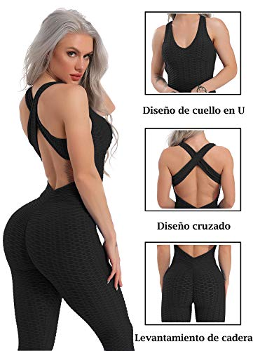 STARBILD Leggings Mallas Deporte de una Pieza para Mujer Sexy Pantalones Texturizados Elásticos con Espalda Abierta para Yoga Fitness #Classic-Negro L