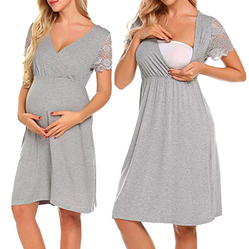 STRIR Camisón Lactancia Pijama Embarazada Algodón Ropa para Dormir Premamá Encaje Manga Corta Hospital Primavera Verano otoño (XL, Gris#0321)