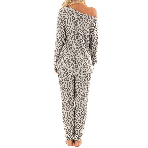 STRIR Pijama Mujer Invierno Primavera Algodon Mangas Larga Pantalon Largo 2 Piezas Suave Cómodo Estampados de Leopardo Pijamas Invernal Regalo (XL, Gris)