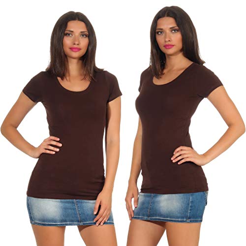 StyleLightOne - Camiseta básica de manga larga para mujer, elástica, cuello en V, corte entallado (36-42) Marrón oscuro (cuello redondo). 42-44