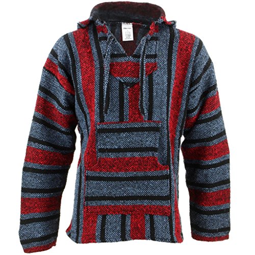 Sudadera estilo hippie mexicano, color rojo y azul, con capucha Azul azul Medium