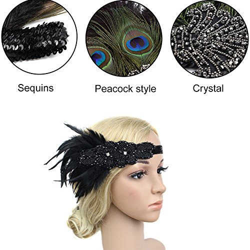 SunBeter 1920 Flapper Headpiece Pavo Real Feather Headband Vintage con lentejuelas Rhinestone Hairband Fiesta de Halloween Pluma Celada para Las Mujeres