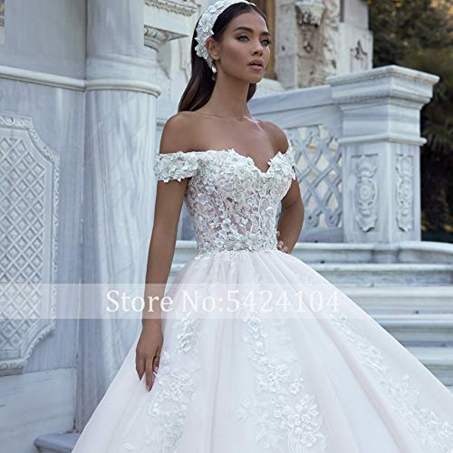 SWEETQT Vestido de Novia Apliques magníficos Tren Una línea Vestido de Novia Flores de Lujo con Cuentas Cuello Barco Princesa Vestido de Novia Tallas Grandes Vestido de Noche