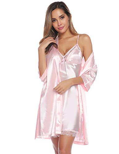 Sykooria Bata Kimono Mujer, 2 Piezas Seda Satén Corto Kimono Bata Pijama Vestido de Encaje Conjunto de Lencería Albornoz Vestido de Dama de Honor de Camisón