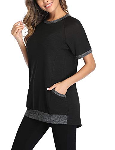 Sykooria Camiseta de Manga Corta para Mujer Blusa Cuello Redondo Camisa básica Casual Suelto Pullovers Tops de Verano Jerséis para Señoras con Bolsillos