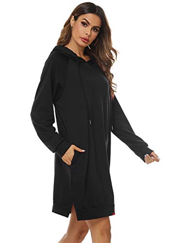 Sykooria Sudadera Larga con Capucha para Mujer Vestido Deportiva de Algodón con Bolsillos Jersey de Casual de Otoño Invierno de Color Sólido