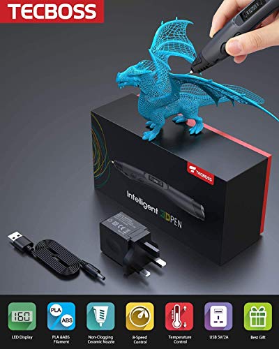 TECBOSS Pluma de Impresión 3D, Pluma 3D con Pantalla LCD, 8 Velocidades Ajustables Lápiz 3D Compatibles PLA e ABS Filamentos, Cumpleaños y Navidad para Niños y Adultos