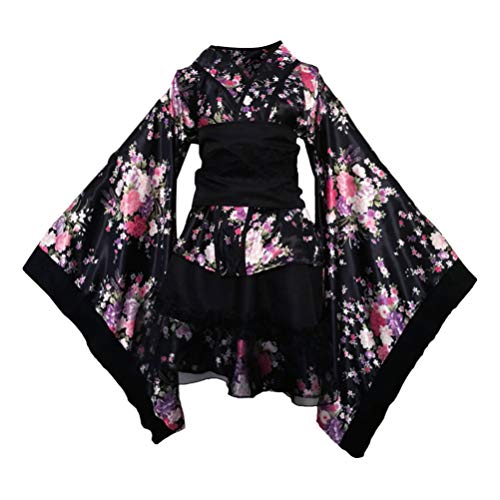 TENDYCOCO Kimono para Mujer japonés Yukata Sakura patrón Traje Cosplay Traje -l (Negro)