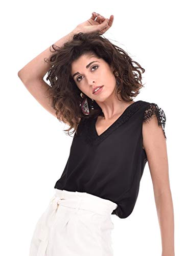 Top Lencero Encaje Mujer Verano Casual Fiesta Liso Tirantes (Negro, XL) T220129