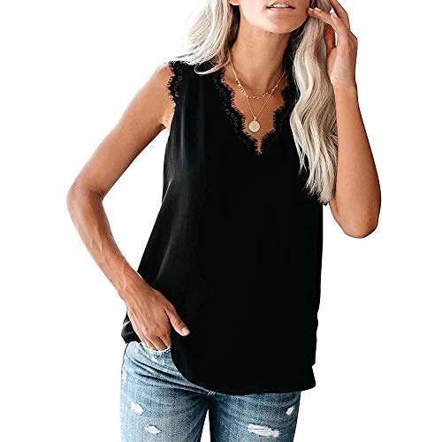 Tops sin Mangas de Encaje sin Mangas para Mujer Pestañas con Cuello en v Camisas sin Mangas fluidas Ocasionales (Negro, Large)