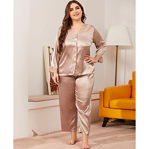 TR-yisheng Pijamas de Mujer, Conjunto de Pijamas de Mujer con Cuello en V de Encaje Sexy Suelto de Gran tamaño (Mangas largas + Pantalones) Conjunto de Servicio a Domicilio