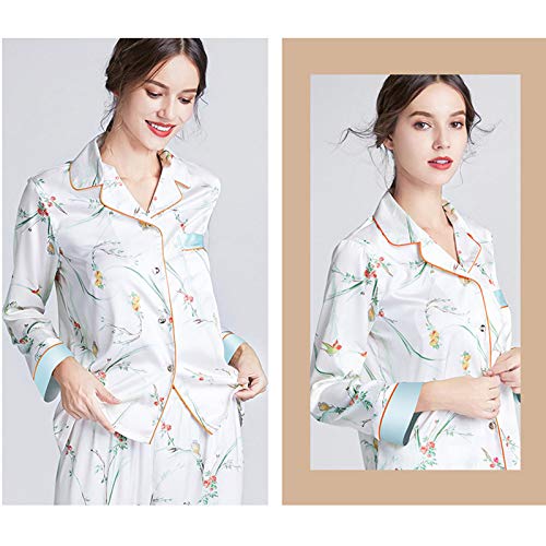 TR-yisheng Pijamas para Mujer, Conjunto de Pijamas de Seda para Mujer con Estampado Floral Blanco (Manga Larga + Pantalones) Conjunto de Ropa Informal para el hogar