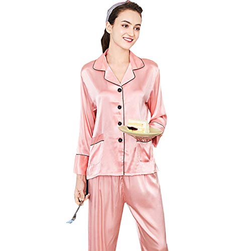 TR-yisheng Pijamas para Mujer, Conjunto de Pijamas de Seda Rosa para Mujer de Dos Piezas (Mangas largas + Pantalones) Conjunto de Ropa Informal para el hogar