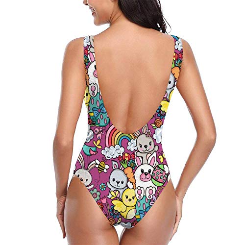 Traje De Baño Mujer Una Pieza,Traje De Baño Mujer Una Pieza Alta Cintura Sexy Push Up Halter Bañador - Entero Bañadores Con Vientre Plano Reductores - Acolchados - Conejo Y Huevos De Pascua Color