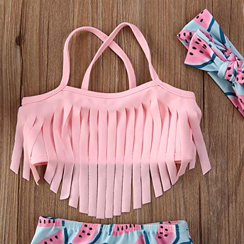 Traje de Baño para Niñas Dos Piezas con Estampado de Sandía para Bebé Recién Nacido y Niñas Tankini con Borlas con Diadema Bañador Bikini Mameluco de Natación para Pequeñas (Rosa, 6-12 Meses)