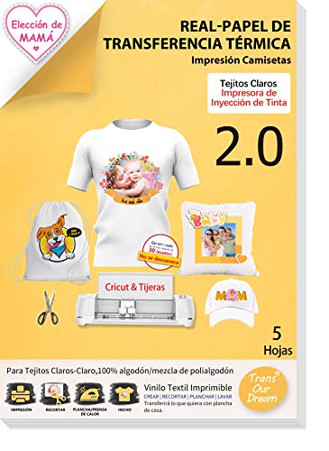 TransOurDream Real - Papel de Transferencia Térmica Para Camisetas Blancas y Tejidos Claros（A4x5 Hojas）Fácil de Usar, Sin impresión de Espejo,Compatible con Impresoras de Inyección de Tinta, ES-2-5