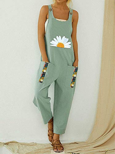 Treer Mujer Peto de Pantalones Largos Casual Verano Mono Suelto Moda Margarita Bolsillos Tiras Fiesta Pantalones de Babero Jumpsuit Playa Fiesta Pantalón (Gris Azul,L)