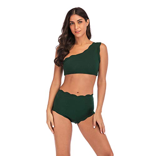 TSWRK Guisado Al Gratén Corte Alto Vendimia Uno Hombro Dos Piezas Trajes de Baño Conjunto de Bikini (Verde, L)