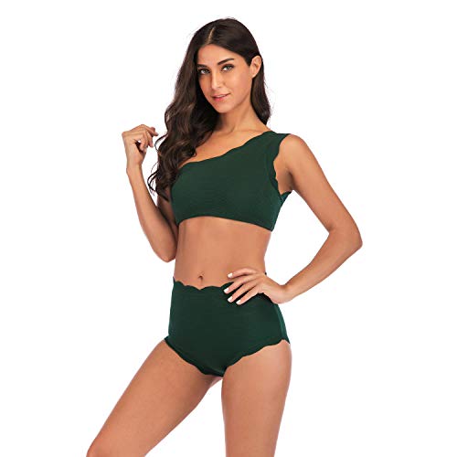 TSWRK Guisado Al Gratén Corte Alto Vendimia Uno Hombro Dos Piezas Trajes de Baño Conjunto de Bikini (Verde, L)