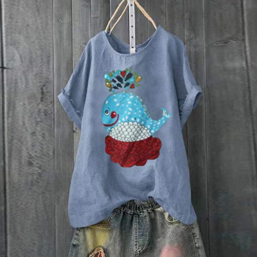 TUDUZ Blusas Mujer Manga Corta Verano Camisas Camiseta de Algodón y Lino con Estampado de Dibujos Animados (Azul.d, XL)