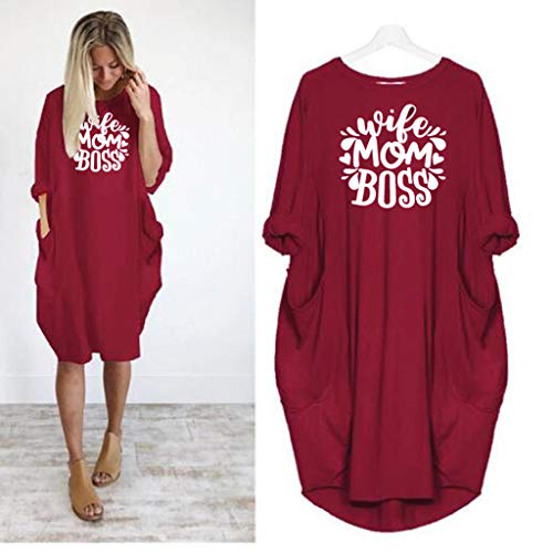 TUDUZ Blusas Mujer Manga Larga Camisas Impresión Wife Mom Boss Mini Vestidos Bolsillo Tops Tallas Grandes S-5XL (RojoB, XXXXXL)