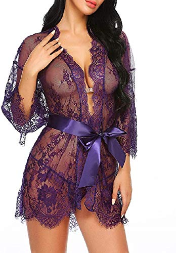 Tuopuda Mujer Bata Kimono Encaje Dormir Babydoll Camisón Malla y Tanga Conjunto y Cinturón