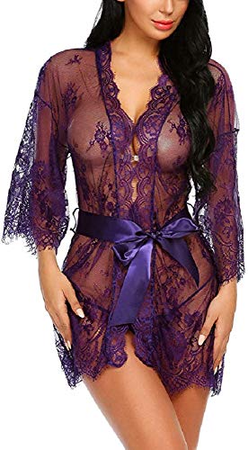 Tuopuda Mujer Bata Kimono Encaje Dormir Babydoll Camisón Malla y Tanga Conjunto y Cinturón