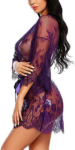 Tuopuda Mujer Bata Kimono Encaje Dormir Babydoll Camisón Malla y Tanga Conjunto y Cinturón