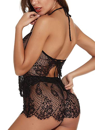 UMIPUBO Mujeres Conjunto de Lencería Ropa de Dormir Lenceria Halter Encaje Babydoll Ropa Interior Lencería Pijamas Tops y Bragas Transparentes y Conjuntos de Tanga