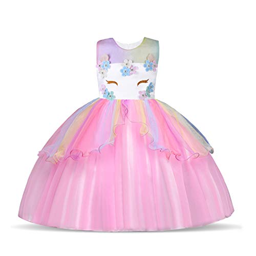 URAQT Disfraz de Unicornio, Vestido de Princesa Unicornio para Niñas, Vestido Elegante con Collar/Diadema para Cumpleaños/Cosplay/Boda, Edad 2-10 Años (Rosado, 4-5 años)