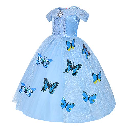 URAQT Vestido de Cenicienta, Disfraz de Princesa Cenicienta con Mariposa, Vestido de Princesa para Nñas, Elegante Vestido de Tul para Boda, Fiesta, para 3-8 años