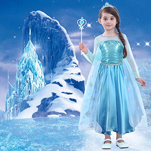 URAQT Vestido de Elsa, Disfraz de Elsa con Accesorios de Cosplay, Vestido de Princesa para Niñas con Capa de Copos de Nieve Brillantes