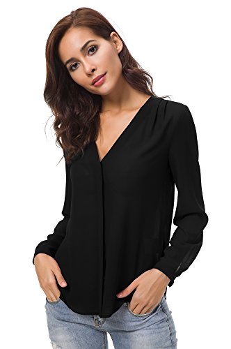 Urban GoCo Blusa de Gasa con Escote en V Mangas Largas y el Dobladillo en el Hombro para Mujeres (L, Negro)