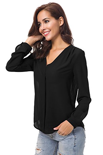 Urban GoCo Blusa de Gasa con Escote en V Mangas Largas y el Dobladillo en el Hombro para Mujeres (L, Negro)