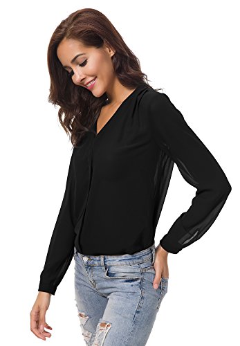 Urban GoCo Blusa de Gasa con Escote en V Mangas Largas y el Dobladillo en el Hombro para Mujeres (L, Negro)