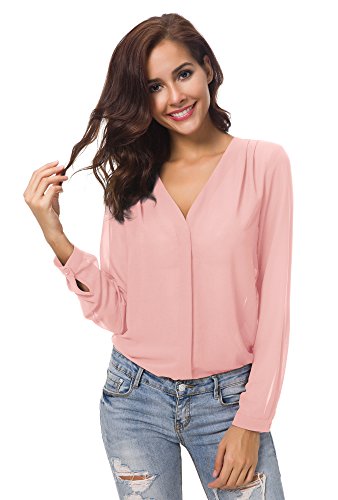 Urban GoCo Blusa de Gasa con Escote en V Mangas Largas y el Dobladillo en el Hombro para Mujeres (M, Rosa)