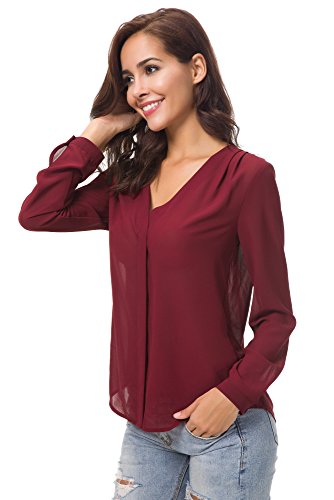 Urban GoCo Blusa de Gasa con Escote en V Mangas Largas y el Dobladillo en el Hombro para Mujeres (M, Vino Rojo)