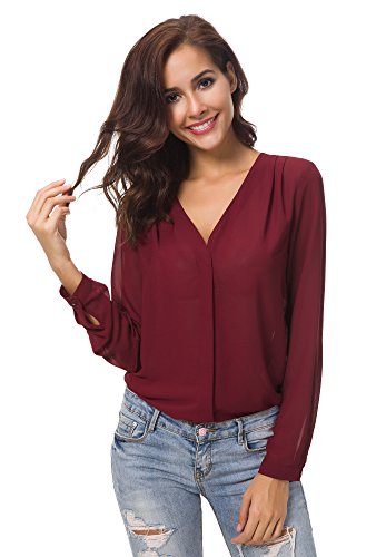 Urban GoCo Blusa de Gasa con Escote en V Mangas Largas y el Dobladillo en el Hombro para Mujeres (M, Vino Rojo)