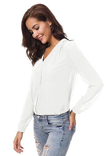 Urban GoCo Blusa de Gasa con Escote en V Mangas Largas y el Dobladillo en el Hombro para Mujeres (S, Blanco)