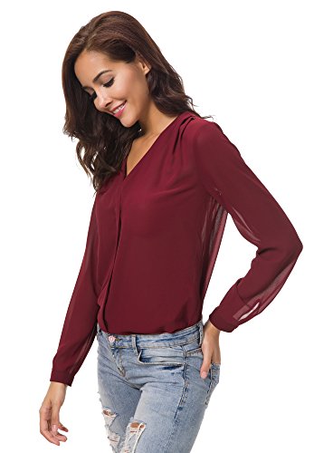 Urban GoCo Blusa de Gasa con Escote en V Mangas Largas y el Dobladillo en el Hombro para Mujeres (S, Vino Rojo)