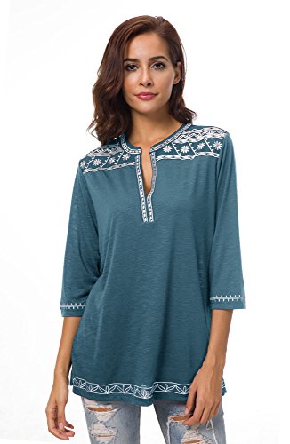 Urban GoCo Mujer Camisas Manga 3/4 Boho Blusa Bordado T-Shirt Tops (Medium, Azul Tinta)