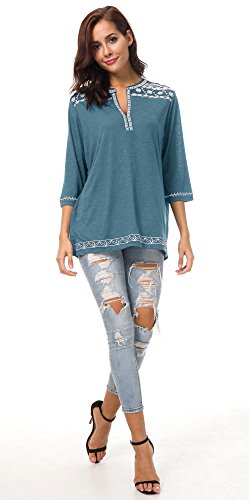 Urban GoCo Mujer Camisas Manga 3/4 Boho Blusa Bordado T-Shirt Tops (Medium, Azul Tinta)