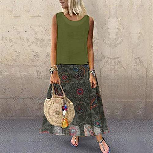 VEMOW 2PC Falda Mujer Diario Algodón Lino Vintage Print Sin Mangas Loose Plus Size Maxi Dress Vestido(Ejercito Verde,5XL)