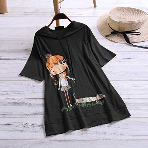 VEMOW Camiseta de Manga Corta con Capucha y Estampado de Dibujos Animados Casual para Mujer tamaño Extra Top Blusa(Negro,2XL)