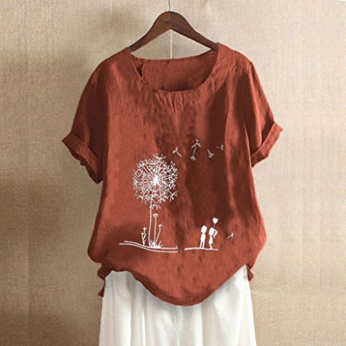 VEMOW Camiseta Mujer Casual Talla Extra Manga Corta Elegante Algodón Lino Cuello Redondo Impresión Blusa Parte Superior Tops Shirts tee Verano OtoñO(H Rojo,XL)