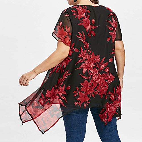 VEMOW Camisetas Mujer Tops Manga Corta con Estampado de Gasa Doble Criss Cross para Mujer Talla Grande Blusa(Rojo,3XL)